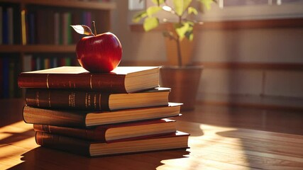 A red apple sits atop a stack of books on a wooden table in a warm, sunlit room - Powered by Adobe