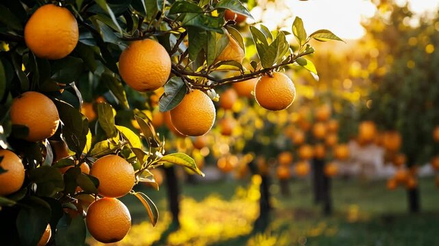A close-up of ripe oranges hanging from a tree in a citrus grove during the late afternoon