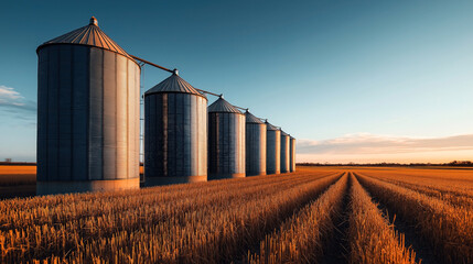 Row of tall metal grain silos in a harvested field during sunset, with a clear blue sky and golden light highlighting the agricultural landscape.
