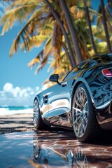 Luxury car with chrome details parked by palm trees on a tropical beach. Summer vacation and travel concept