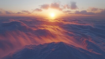 Majestic sunrise over vast, rolling ocean waves with tranquil clouds dancing in the golden morning light