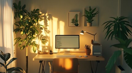 Minimalist and Tranquil Home Office with Standing Desk and Lush Greenery