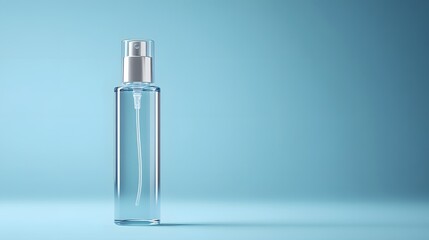 A minimalist transparent glass spray bottle with a cylindrical shape and pump dispenser, set against a light blue background, emphasizing clean lines and soft shadows for a sleek cosmetic presentation