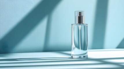 A minimalist transparent glass spray bottle with a cylindrical shape and pump dispenser, set against a light blue background, emphasizing clean lines and soft shadows for a sleek cosmetic presentation