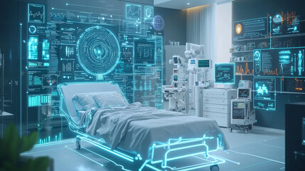 Futuristic hospital room with advanced technology.