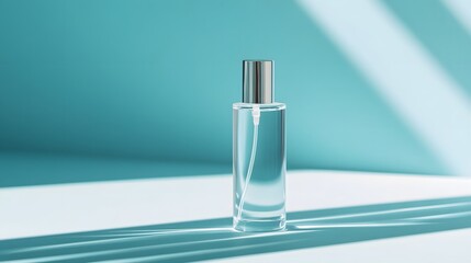 A minimalist transparent glass spray bottle with a cylindrical shape and pump dispenser, set against a light blue background, emphasizing clean lines and soft shadows for a sleek cosmetic presentation