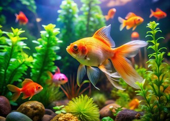 Colorful Pompom Goldfish Swimming Gracefully in a Clear Aquarium with Lush Green Plants for a Vibrant Underwater Scene