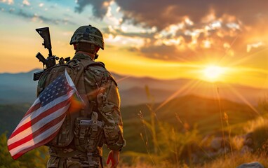 Soldier and USA flag on sunrise background