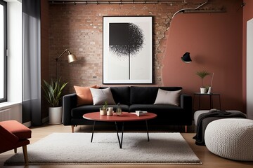 A stylish living room with a black sofa, assorted pillows, and a round coral coffee table on a textured rug. A large abstract painting adorns the exposed brick wall. Potted plants and modern lighting