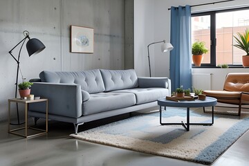 Modern living room with a gray sofa, floor lamp, and round coffee table on a patterned rug. Blue curtains frame a window with plants on the sill. A leather chair and small plants on tables.