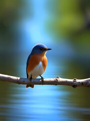 Fototapeta premium A colorful bird sits on a branch in the forest. 