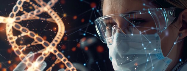 Scientist doctor in the laboratory and DNA hologram, scientific research in medicine.