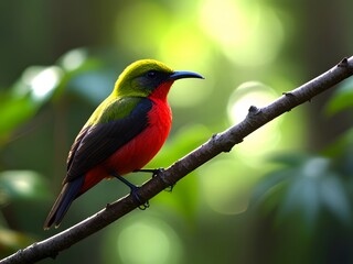 Obraz premium A colorful bird sits on a branch in the forest. 