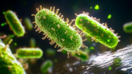 Fototapeta premium Close-up green bacteria, microbiology and medicine, illustration.