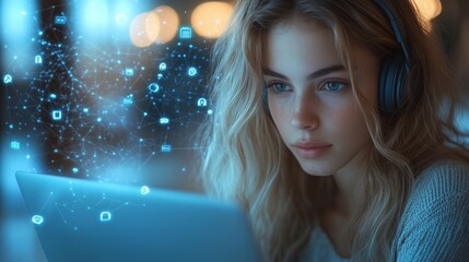 Young woman with headphones on, working on a laptop and writes a message, communication and internet technology.