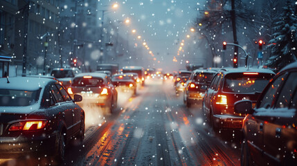 Traffic jam in the street city, heavy snowfall on a winter evening.