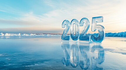 Number 2025 made of ice on an ice surface, copy space.