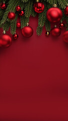 Obraz premium Christmas background with balls. Christmas background with pine branches. Festive Christmas background with ornaments and pine branches for holiday text. Christmas or New Year red background 