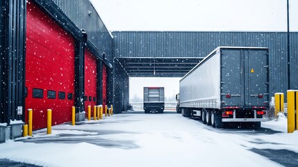 Obraz premium Semi trucks parked at a loading dock during a snowstorm