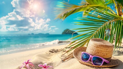 Obraz premium Tropical beach with sunbathing accessories summer holiday