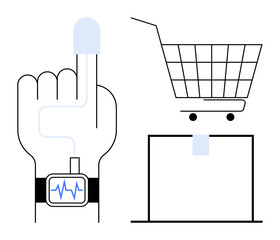 Fototapeta premium Shopping concept. Smart hand with smartwatch and shopping cart above a delivery box. Ideal for digital health, e-commerce, online shopping, smart technology, and modern retail industries. Minimalist