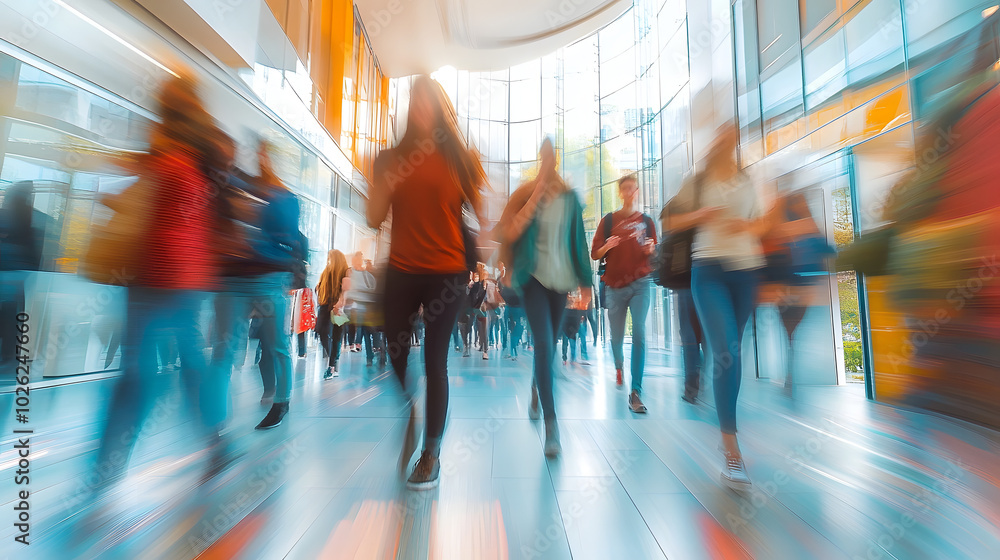 Poster academic energy flow blurred students merging with swirling knowledge streams campus setting dynamic