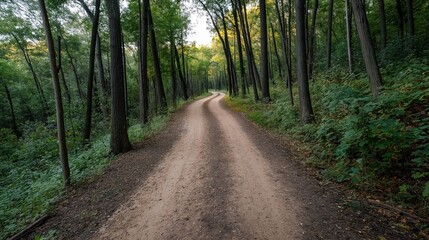 Fototapeta premium Winding dirt path through a forest with tall trees and lush green foliage creating a serene natural landscape.
