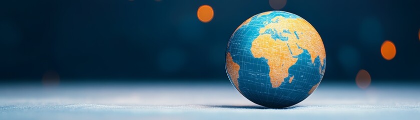 Globe on a surface with blurred lights in the background, earth model for education.