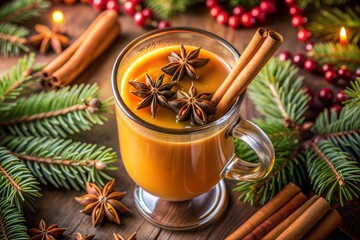 Warm holiday border drink with spices cinnamon and star anise