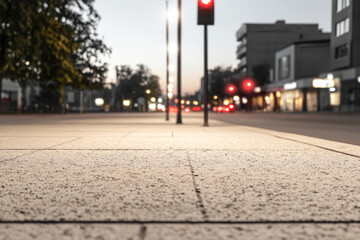 Evening street view with pedestrian walkway and traffic lights in an urban setting