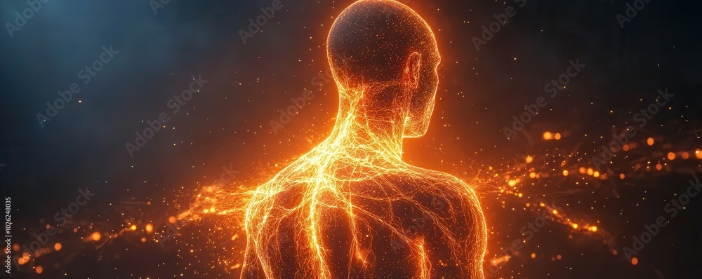 Poster a glowing figure with luminous lines of energy coursing through its back, creating a captivating vis