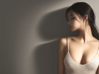 Fototapeta premium A woman poses elegantly against a softly lit wall in a serene, minimalist setting
