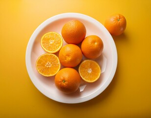 fresh oranges on white plate at yellow background