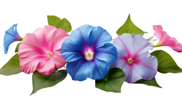 Blue and pink morning glory flowers with green leaves  on transparent background