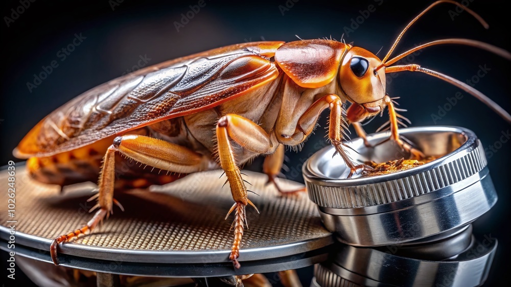 Poster detailed examination of a roach under microscope - close-up view of insect anatomy and features for 