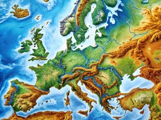 Detailed Europe Physical Features Map Highlighting Mountains, Rivers, and Landscapes for Educational and Reference Use