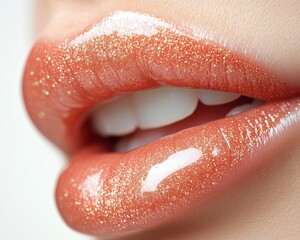 A detailed close-up of soft peach-colored lips with a slight shine, isolated on white background 
