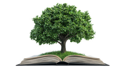 Lush green tree grows from the pages of an open book isolate on transparent background, cutout, png