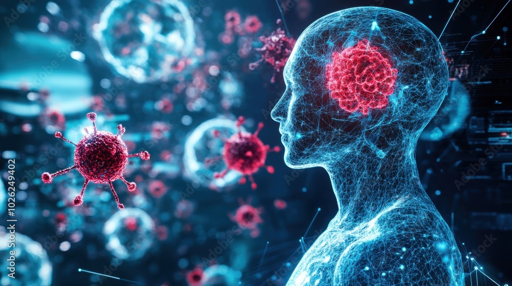 Poster image depicts digital representation of human head with focus on brain, surrounded by virus like str