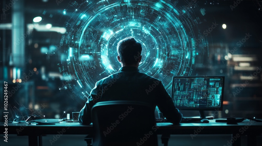 Poster a man is sitting in front of a computer monitor with a blue screen