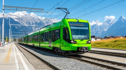 Fototapeta premium Green electric train moving on tracks with mountains in the background.