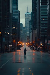 Fototapeta premium Lone person walking in empty city street at dawn