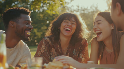 A Shot Of A Group Of Multi-Ethnic Friends Laughing Together At A Park Picnic, Warm Summer Afternoon.