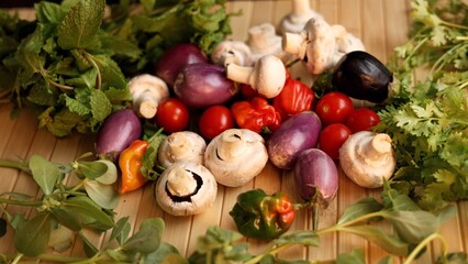 Vegetables like mushrooms, tomatoes, cilantro rest on rustic wooden surface. Scene evokes natural farm setting, promoting fresh, organic ingredients for healthy living. Earthy, wholesome appeal.