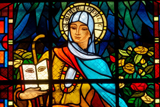 2024-08-01, Paris, FRANCE. Stained glass of Saint Odile of Alsace or Sainte Odile d'Alsace. Saint of the Roman Catholic Church.