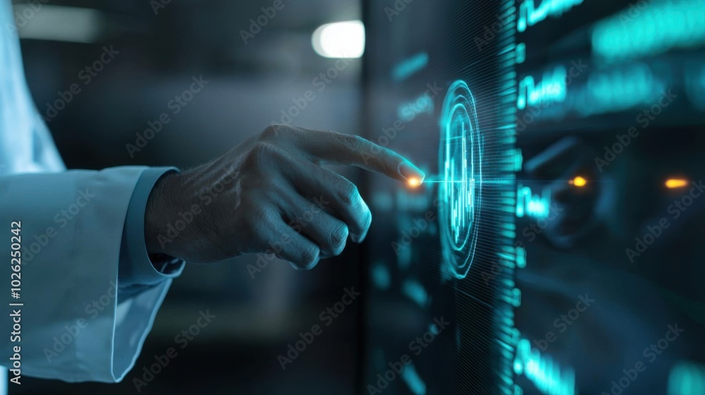 Poster medical professional interacts with digital interface, showcasing advanced technology in healthcare. image highlights integration of AI systems in medical diagnostics and patient monitoring