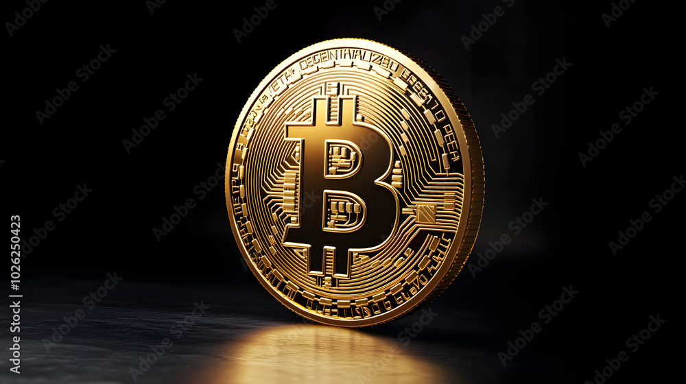 Poster 3D virtual Bitcoin coin, front side, on dark or black background, wallpaper.