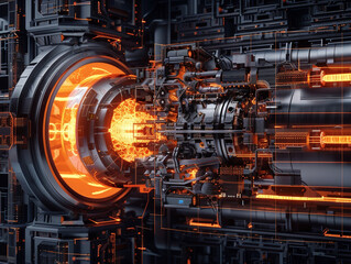 A futuristic-looking energy generation reactor with a glowing red and orange centre. 