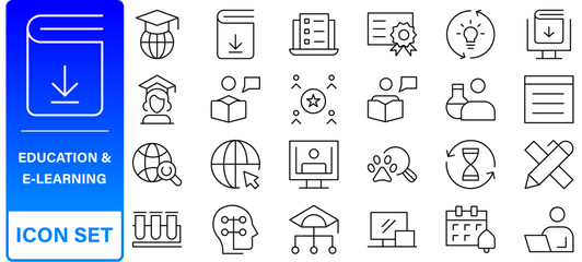 Education and Learning web icons in line style. School, university, textbook, learning. Vector illustration.