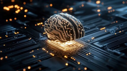 futuristic representation of brain made of circuit patterns, symbolizing integration of technology and artificial intelligence. glowing elements create captivating visual effect